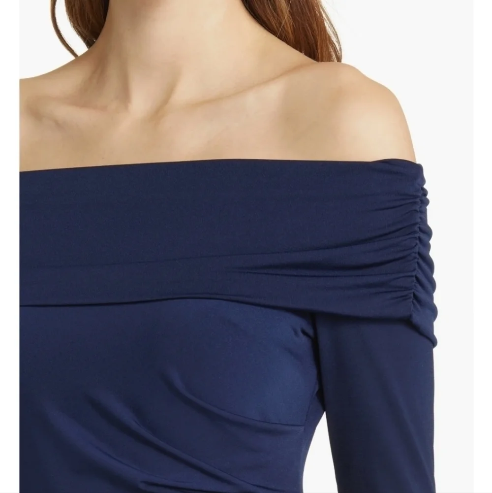 Sam Edelman Off the Shoulder Long Sleeve Midi Body-Con Dress Women's Size 6 Navy - Picture 13 of 13